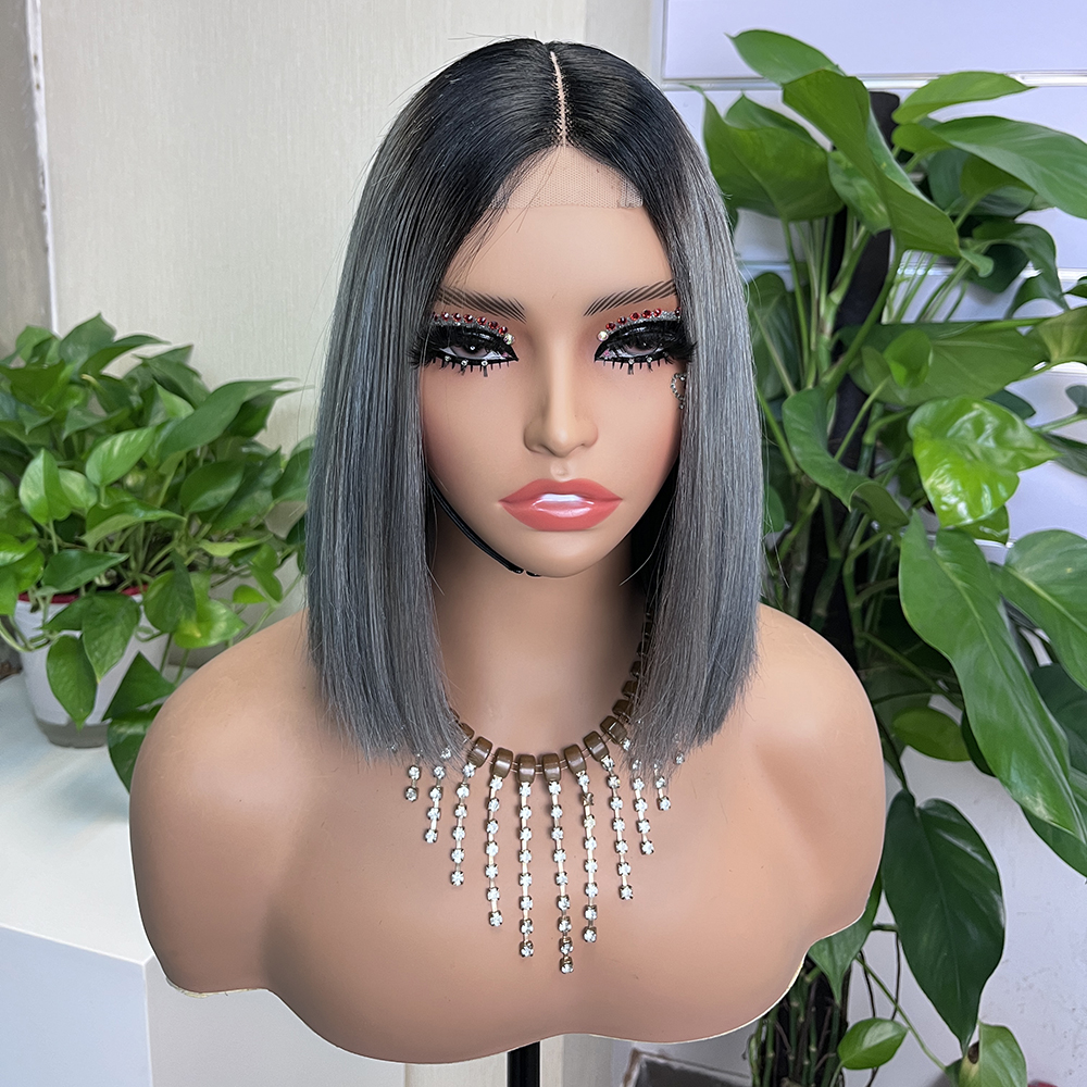 Stema 2x6 1B/Silver Grey Colored Transparent Lace Closure Bob Wig